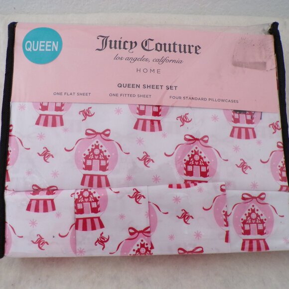Juicy Couture 6pc QUEEN Sheet Set Snowglobes Pink / White - Picture 3 of 6